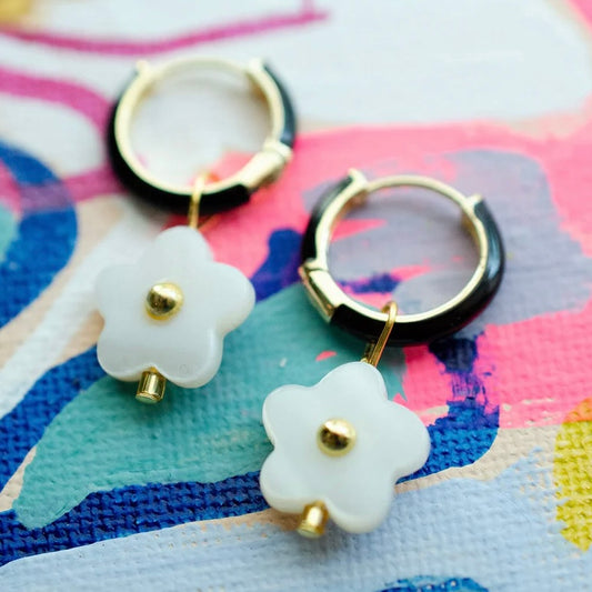 black flower hoop earrings