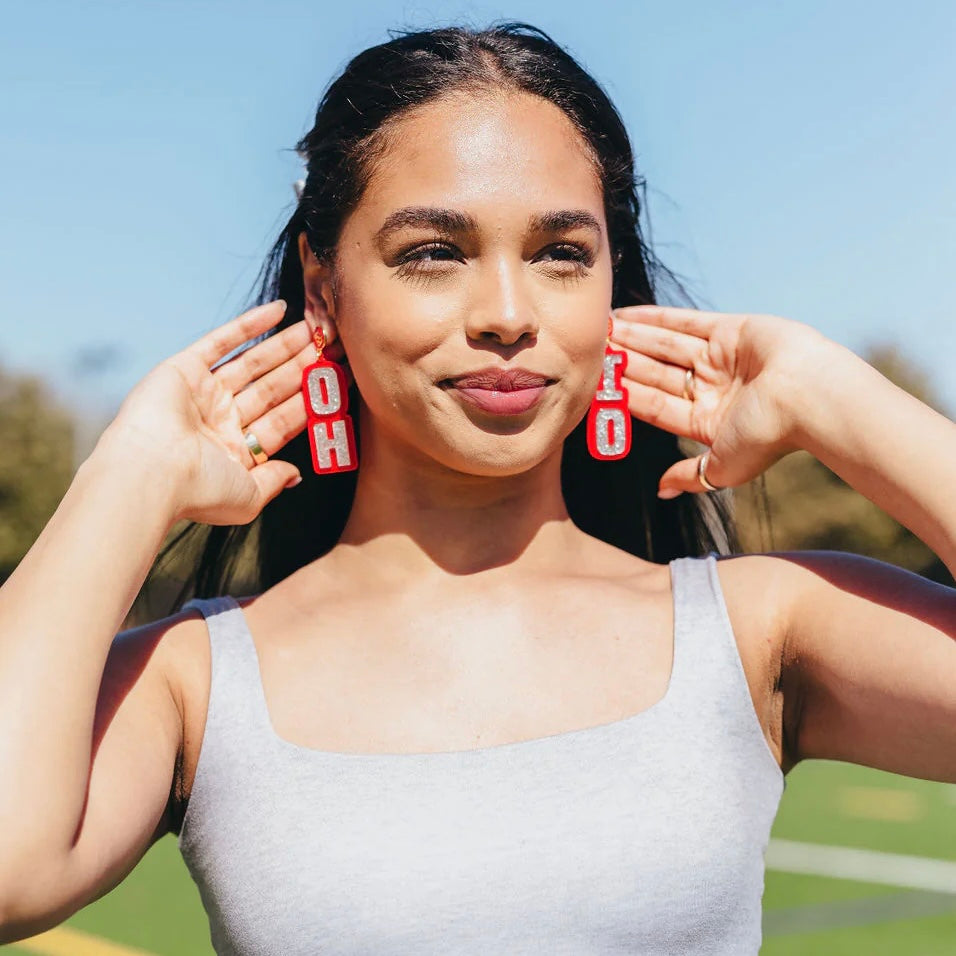 ohio state silver glitter oh io earrings