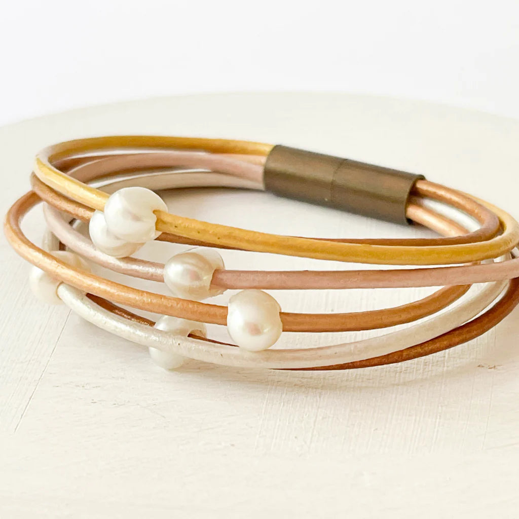 gold and pearl shimmer leather bracelet