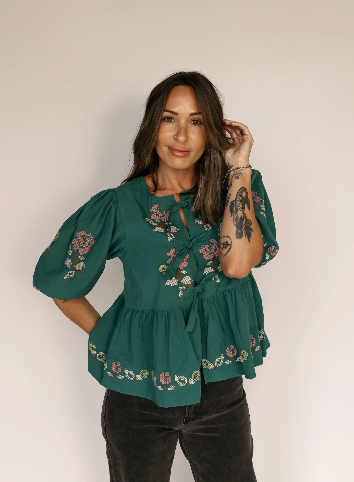 embroidered puff sleeve peplum