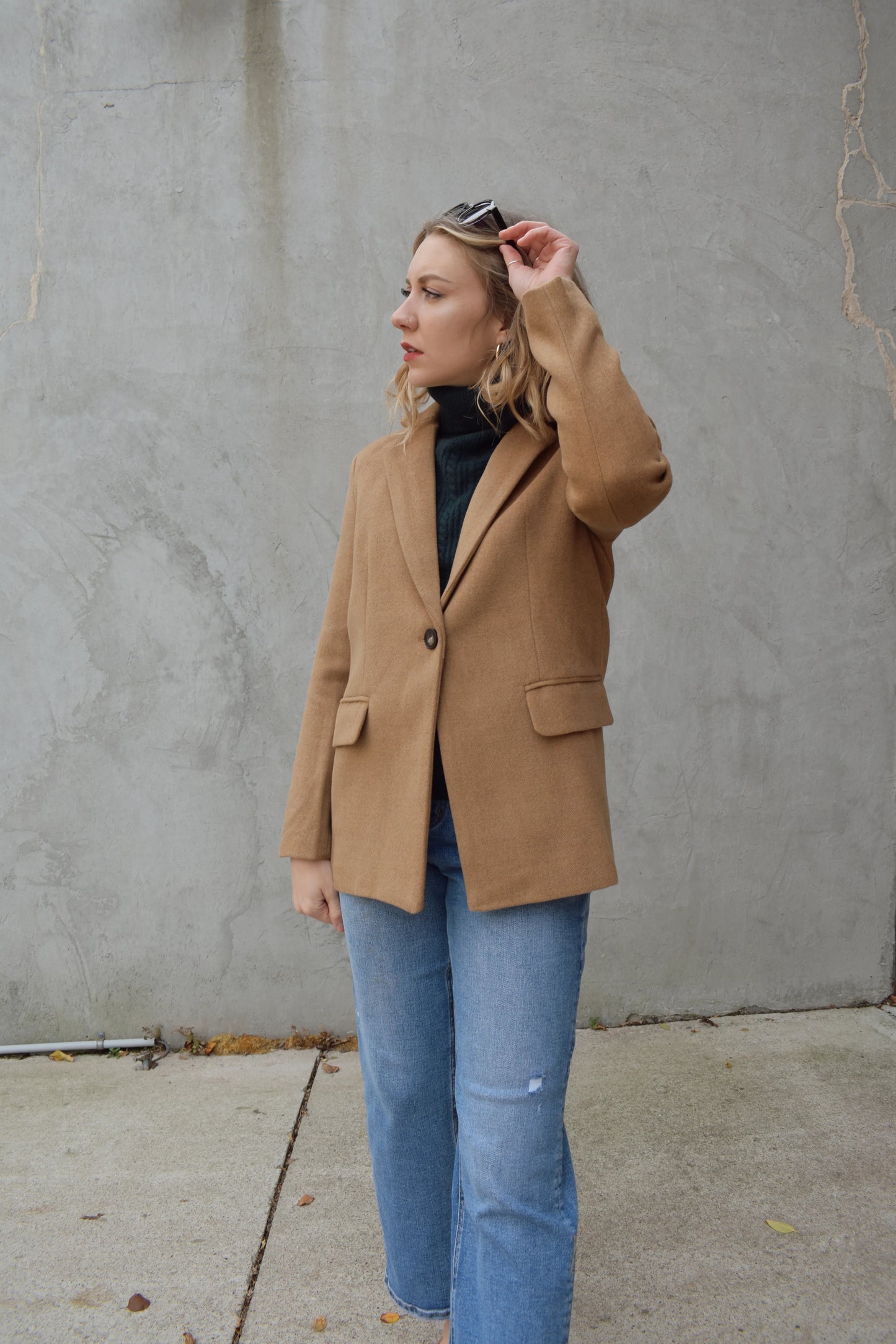 camel one button oversized blazer