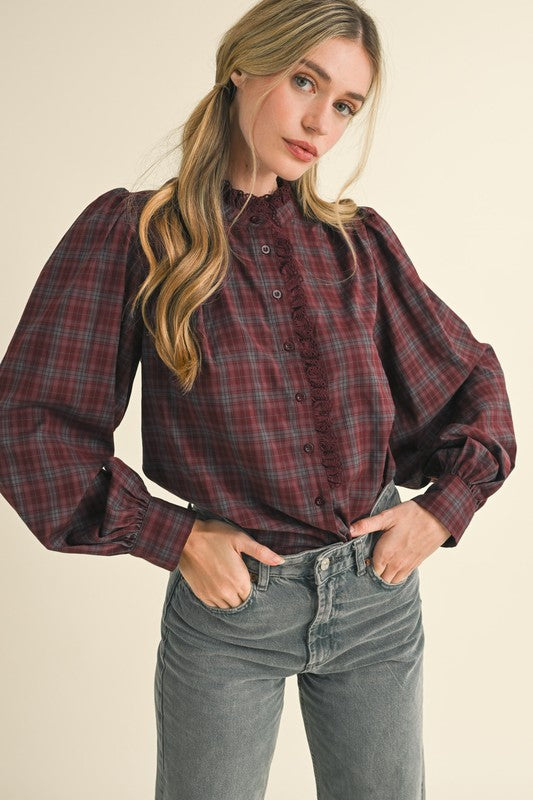 plaid lace trim button down