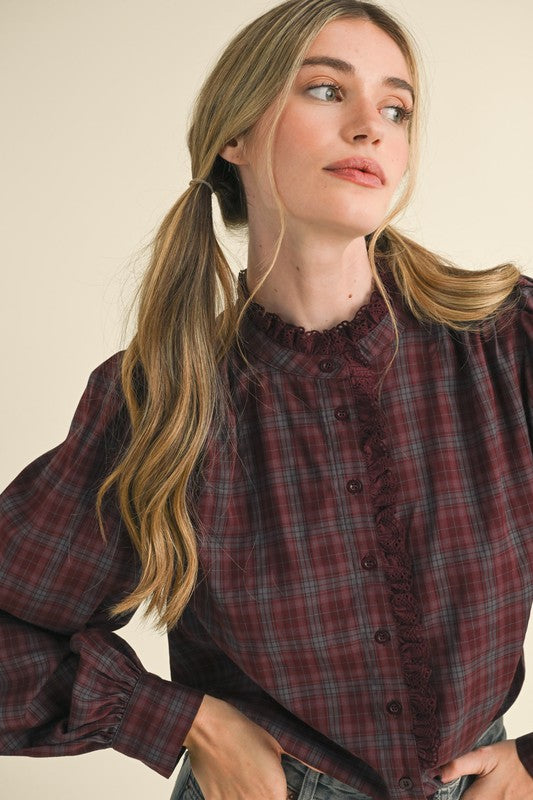 plaid lace trim button down